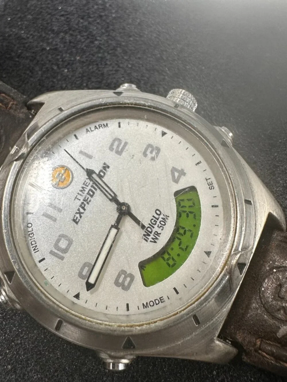 Timex Expedition Mens Watch 38mm Silver Tone Indiglo Brown Leather New Battery